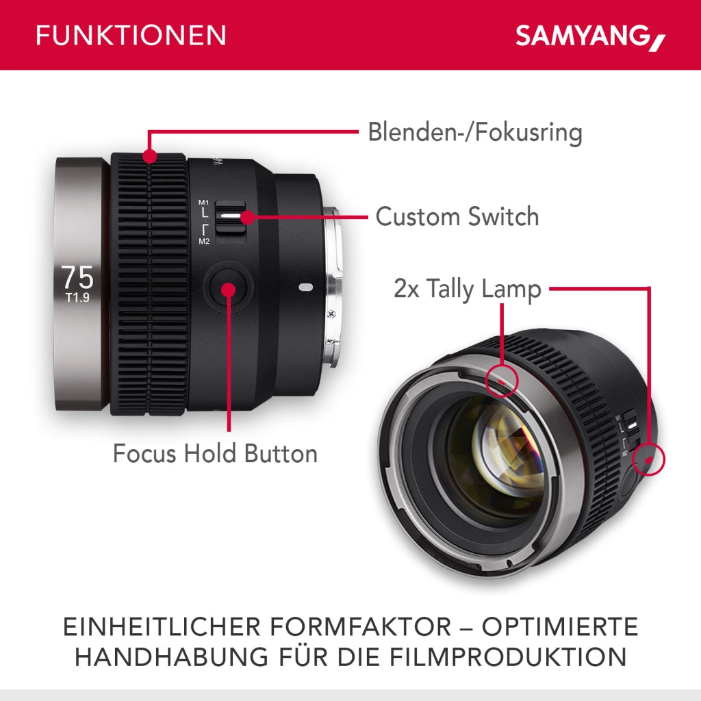 Obiettivo video V-AF 75 mm T1,9 FE compatibile con Sony E, per videocamera, con autofocus risoluzione 8K e Tally lamp, alta intensità luminosa per full-frame e APS-C