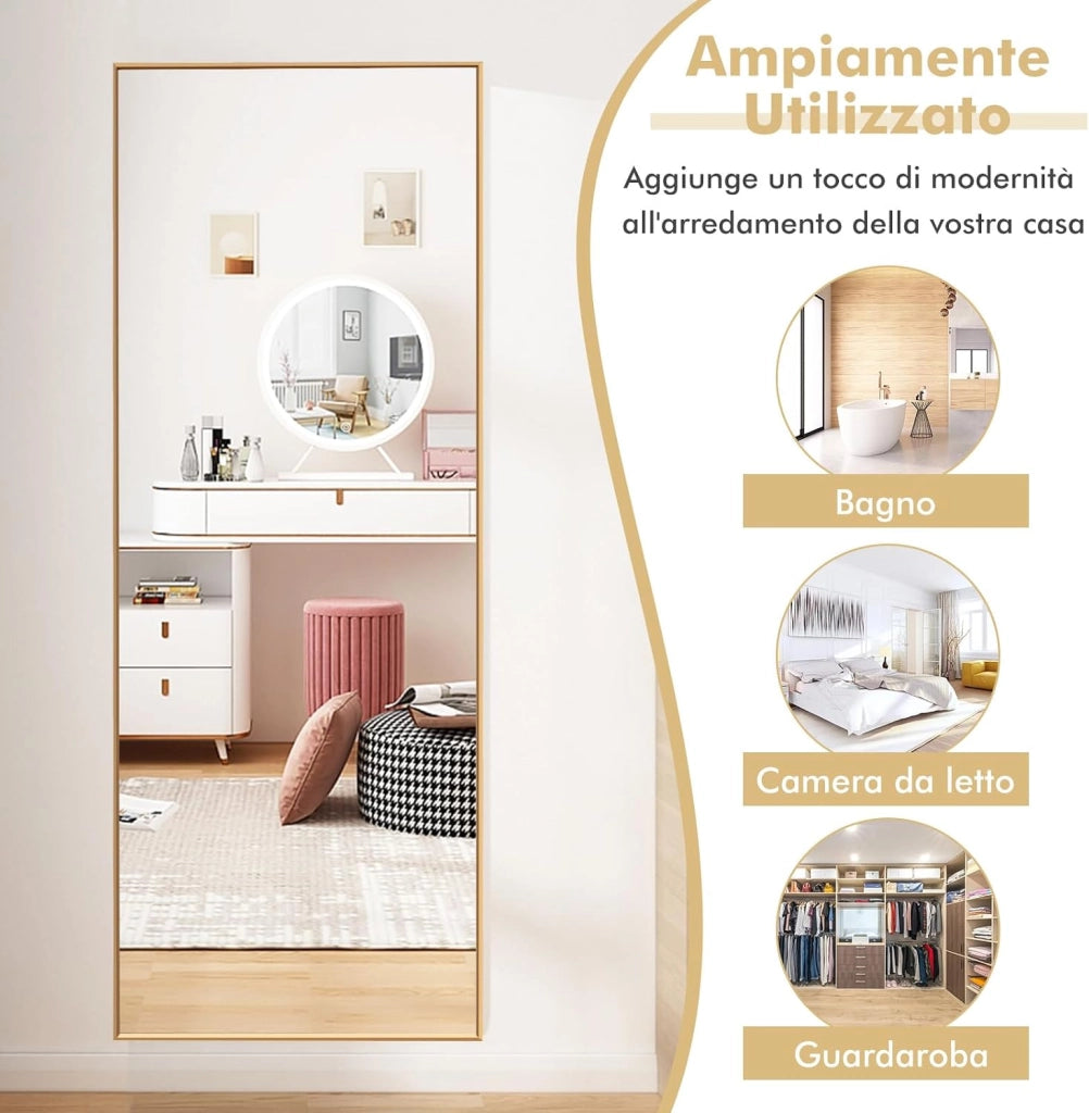 2 in 1 Specchio Lungo da Parete, Specchio a Figura Intera con Telaio Rettangolare in Alluminio e Vetro Antiesplosione, Specchio da Terra per Ingresso Bagno, 56 x150 cm (Oro)