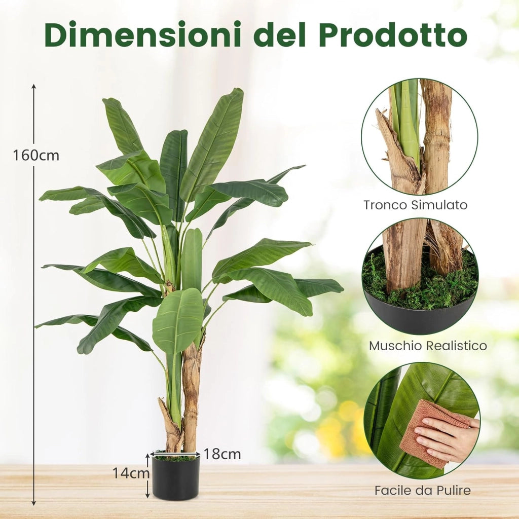 Pianta Finta da Interno ed Esterno 160/165/195 cm, Banano Artificiale Alto con Foglie e Tronchi, Pianta Artificiale Grande in Vaso per Salotto, Ingresso e Ufficio (160 cm)