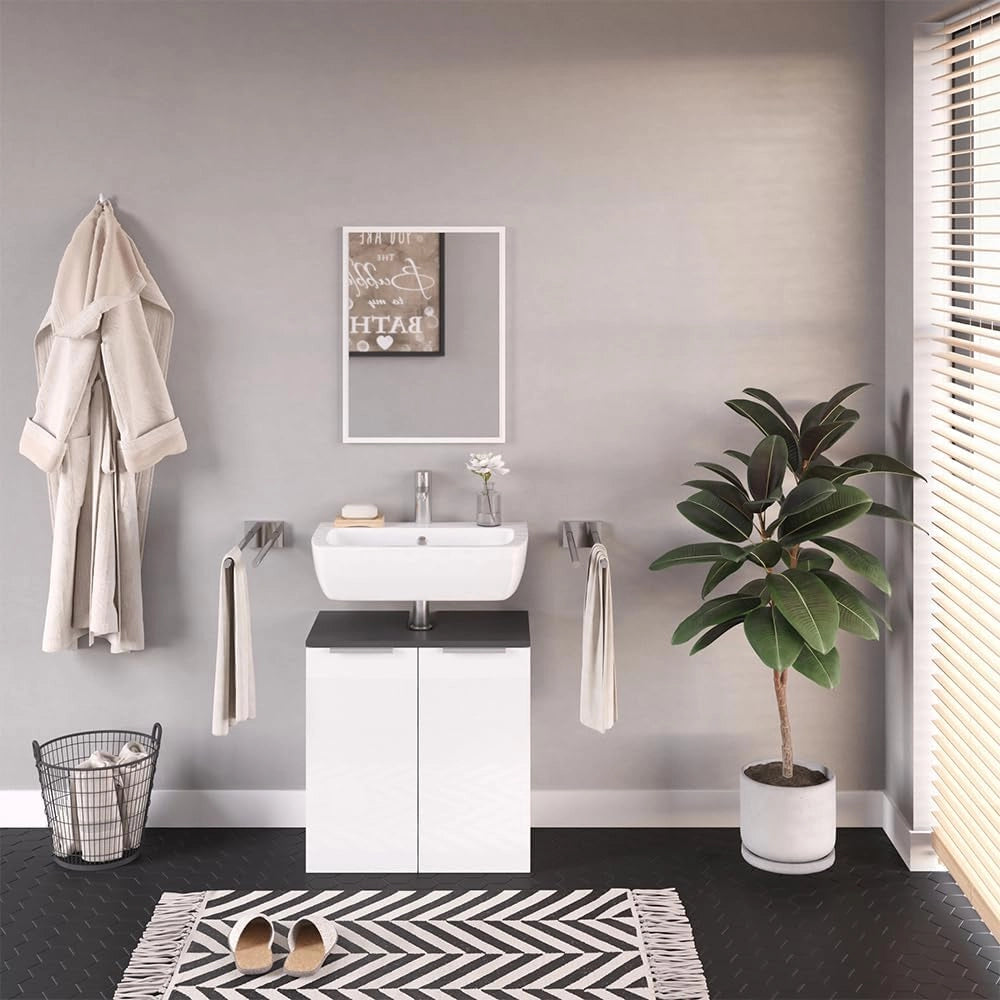 Set mobili bagno Otis, Bianco, 58 cm, composto da specchio da bagno e mobile sottolavabo