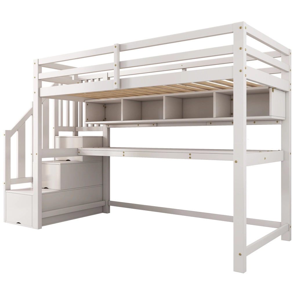 Letto a soppalco per bambini 90x200 cm con scrivania; scala contenitore e ripiani bianco