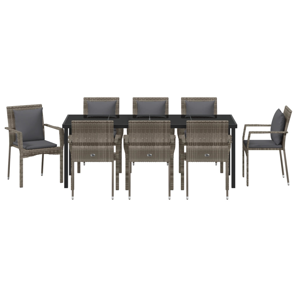 Set da Pranzo da Giardino da 9 Pezzi Con Cuscini Grigio Polyrattan