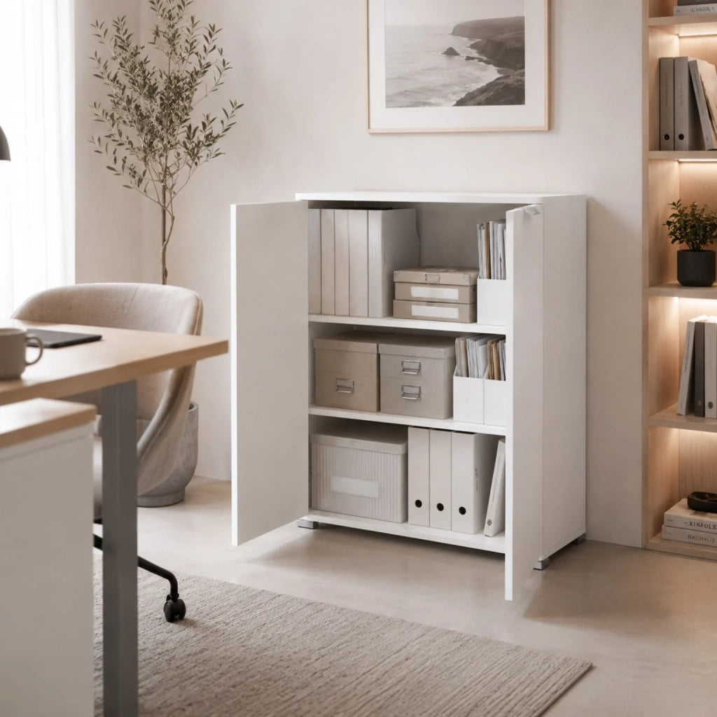 Mobile Base 2 Ante Bianco Già Montato | Armadietto Salvaspazio 75x85x38 cm | Mobile Bagno e Lavanderia con Ripiani Regolabili e Struttura in Legno Nobilitato