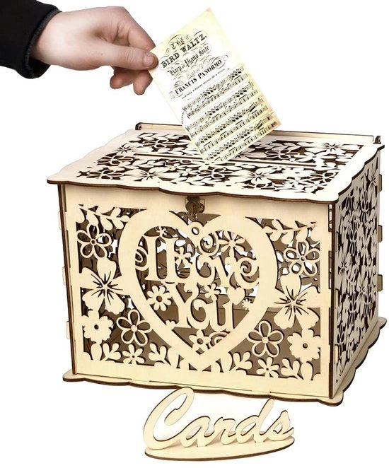 Spazio di Risparmio in Legno con Cassetta - Cassetta di Risparmio per Matrimonio - Cassetta di Risparmio in Legno con Chiusura - Supporto DIY per Carte - Ripiegabile - Legno Sostenibile - Facile da Assemblare - Cassetta per Carte