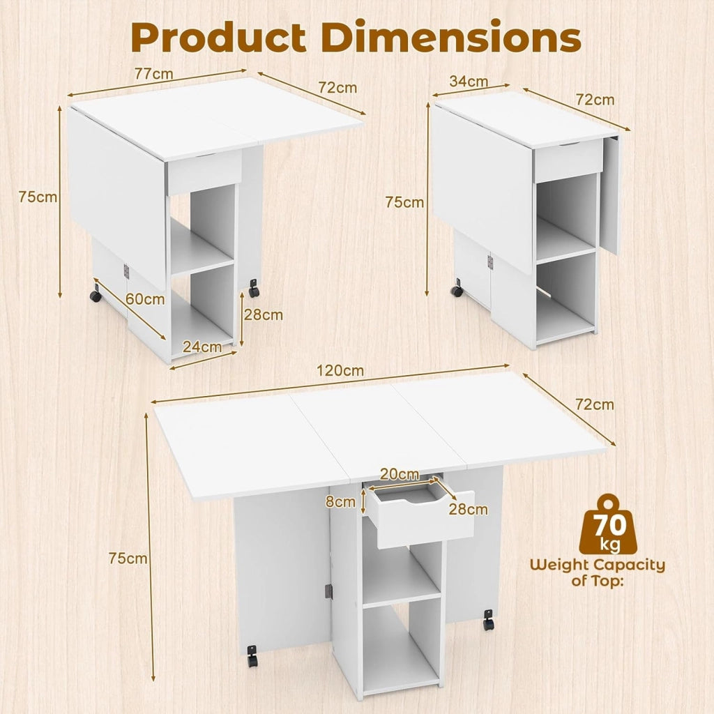 Tavolo da Cucina Pieghevole Mobile con 2 Ruote, 1 Cassetto e 2 Ripiani in Legno