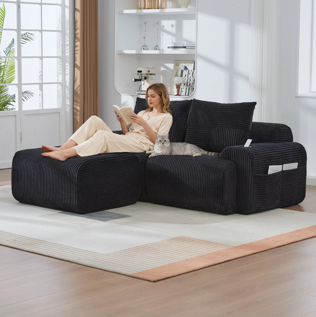 Divano modulare a 2 posti in corduroy nero con portabicchieri e tasca laterale; 200x174x80 cm