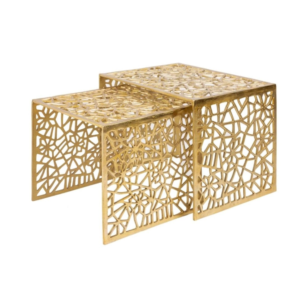 Tavolini bassi nidificati METRIX dorati – Tavolini bassi design in alluminio con motivi geometrici