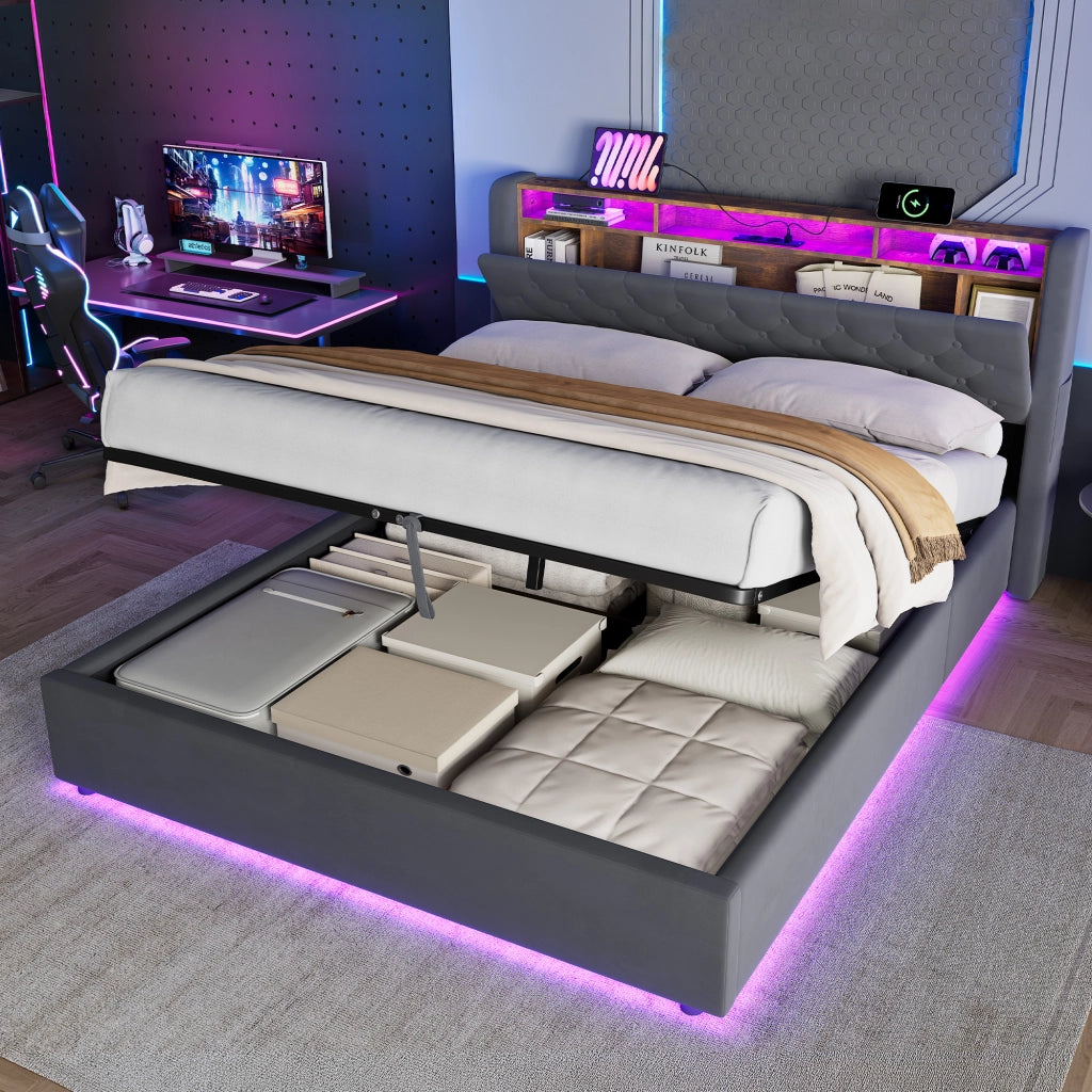 LETTO Imbottito 160 x 200 cm in Velluto Grigio Scuro con Contenitore