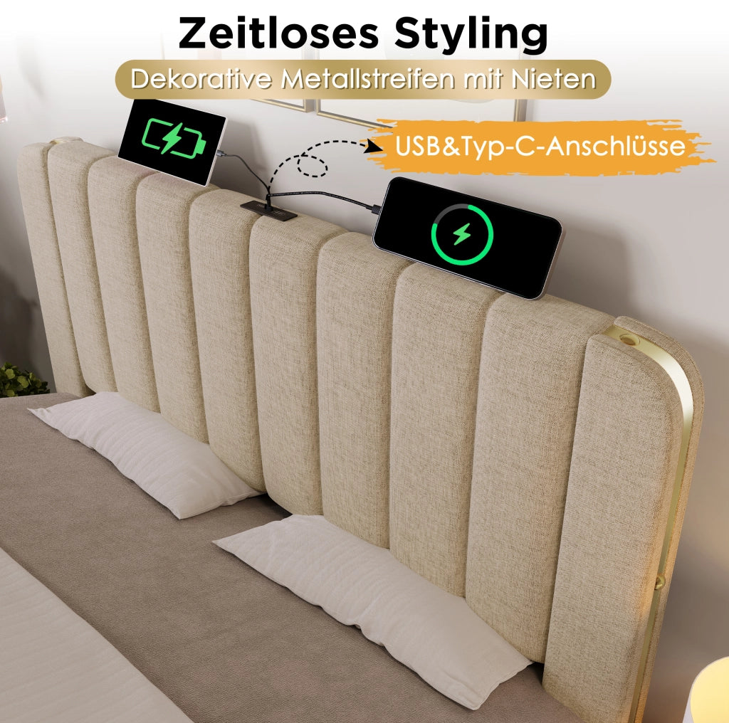 Letto matrimoniale imbottito 140x190 cm in lino beige con 4 cassetti; porte USB e Type-C