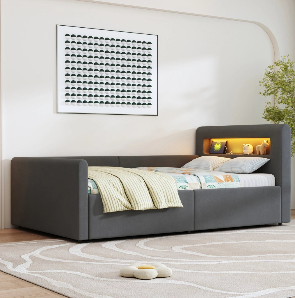 Letto imbottito per bambini 90x200 cm grigio con LED, USB e vano contenitore