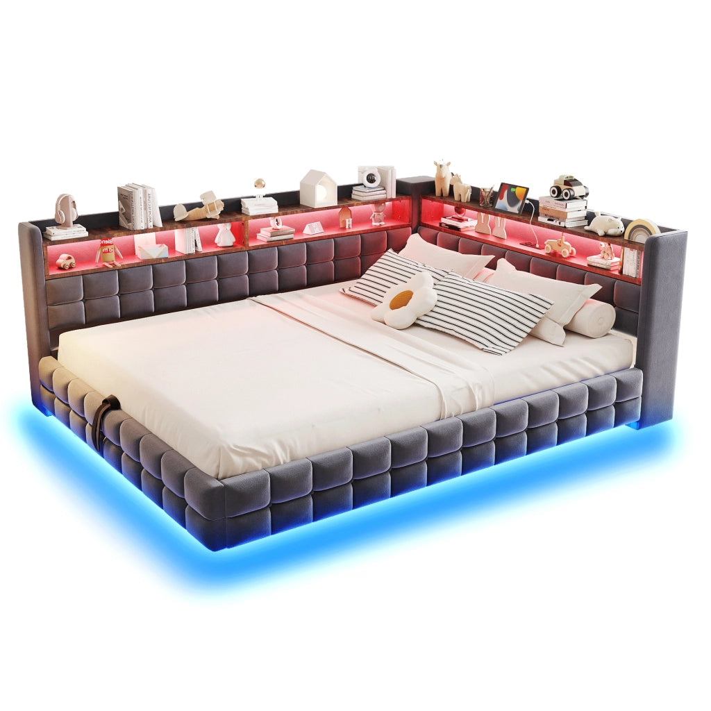 DESMIU Letto imbottito 140 × 200 cm 2 posti con contenitore, USB, Type-C, LED, senza materasso, grigio