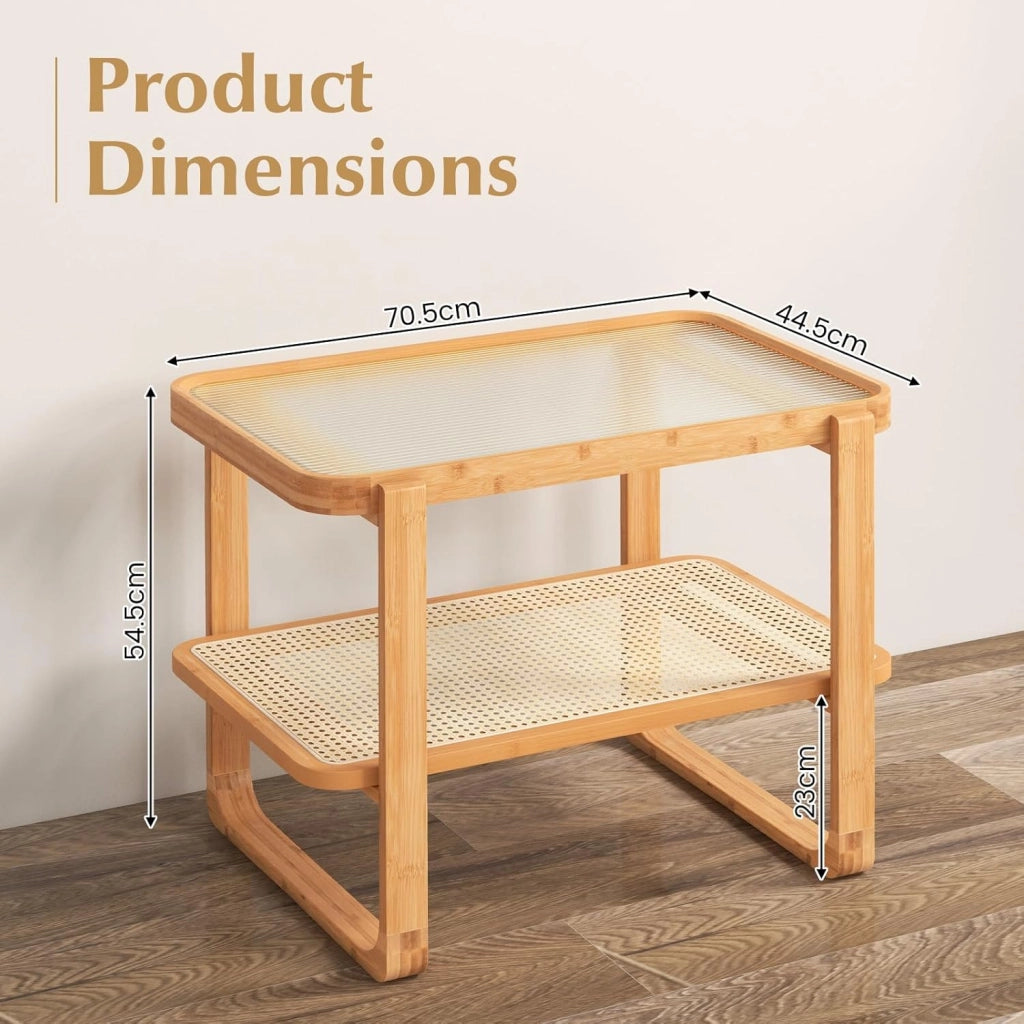 Tavolino ausiliario a 2 livelli, tavolo rettangolare laterale con piano in vetro e ripiano in rattan, comodino con cornice in bambù, per camera da letto e soggiorno, naturale