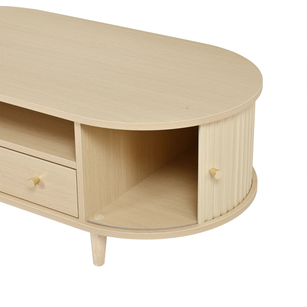 Tavolino basso ovale con 1 cassetto, vani aperti e anta scorrevole, per soggiorno, in MDF, rovere, 100 × 50 × 36 cm