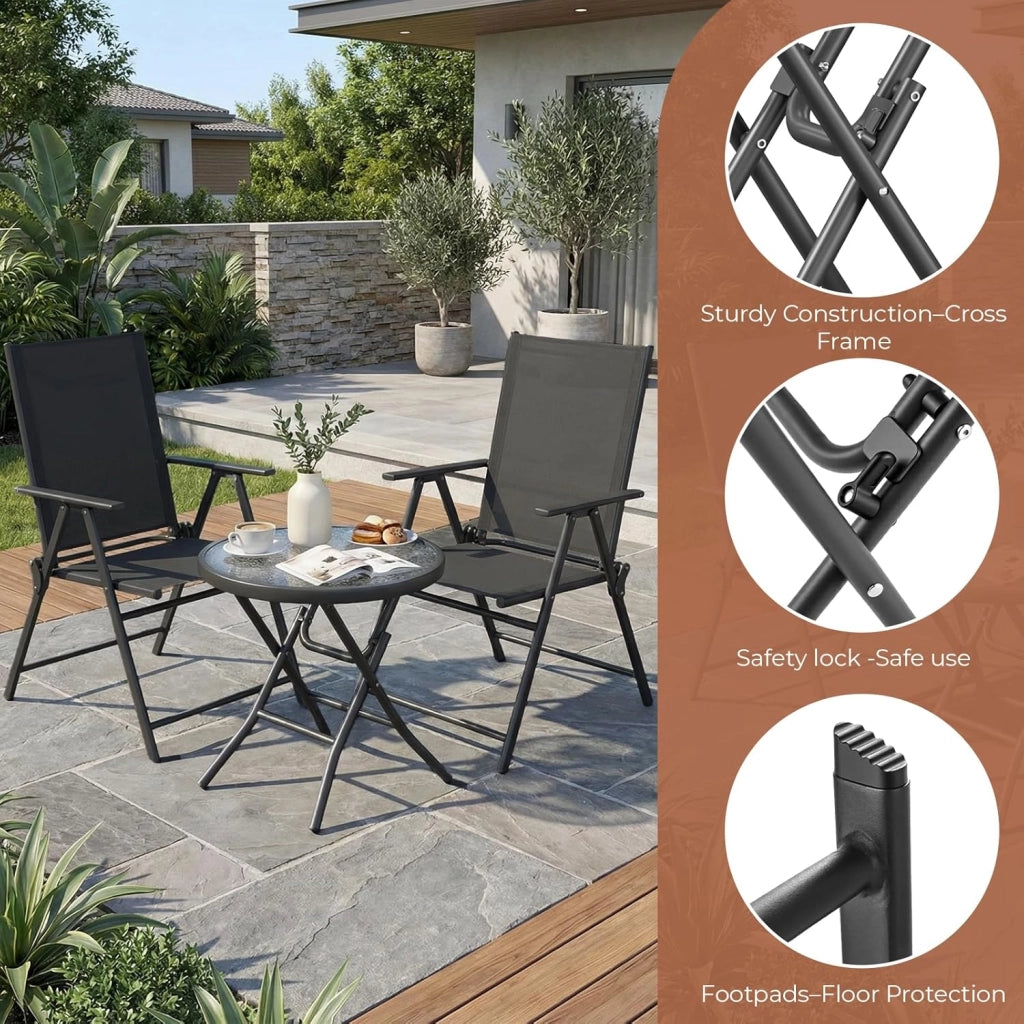 Set balcone 3 pezzi, Set Bistrot in metallo con 2 sedie pieghevoli e 1 tavolo pieghevole in vetro, Mobili da giardino pieghevoli,Gruppo di seduta per esterni per balcone piccolo,Nero