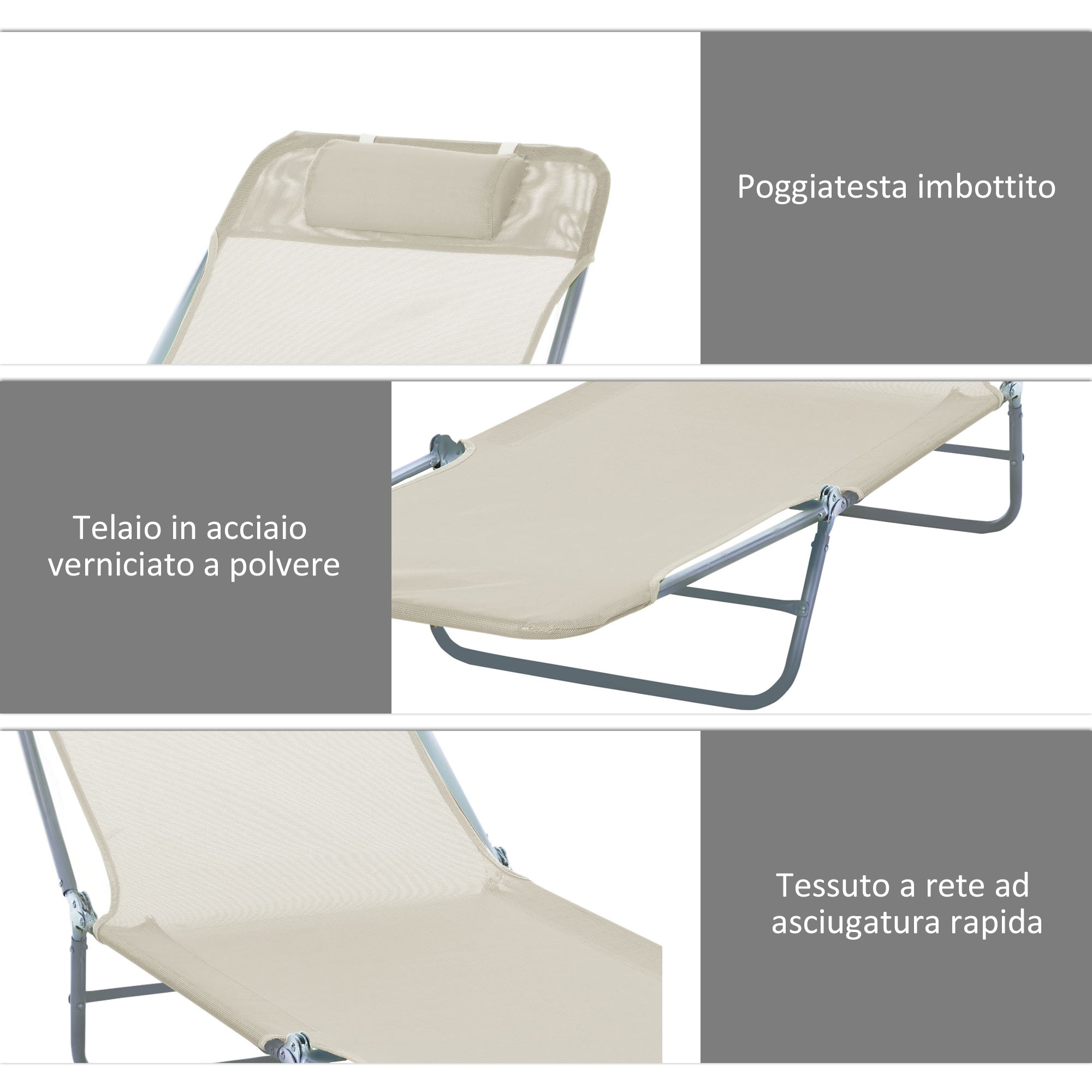 Set 2 Lettini Prendisole Pieghevoli 137x56x82 cm in Metallo Tessuto a Rete Beige