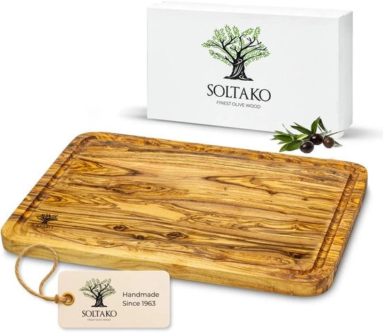 Piastra da taglio di olivo con fessura per l'olio 33 x 22 cm "The Wood Master M" - Piastra da servizio in legno massello, piastra da taglio di olivo