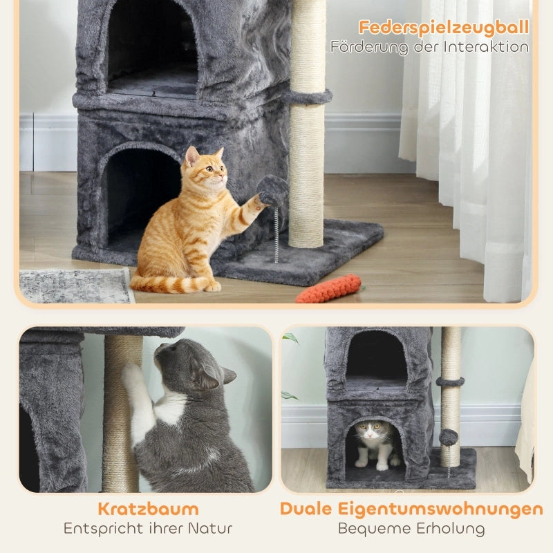Tiragraffi per gatti, torre per gatti, 2 grotte, piattaforma, pali in sisal, compatto, grigio scuro