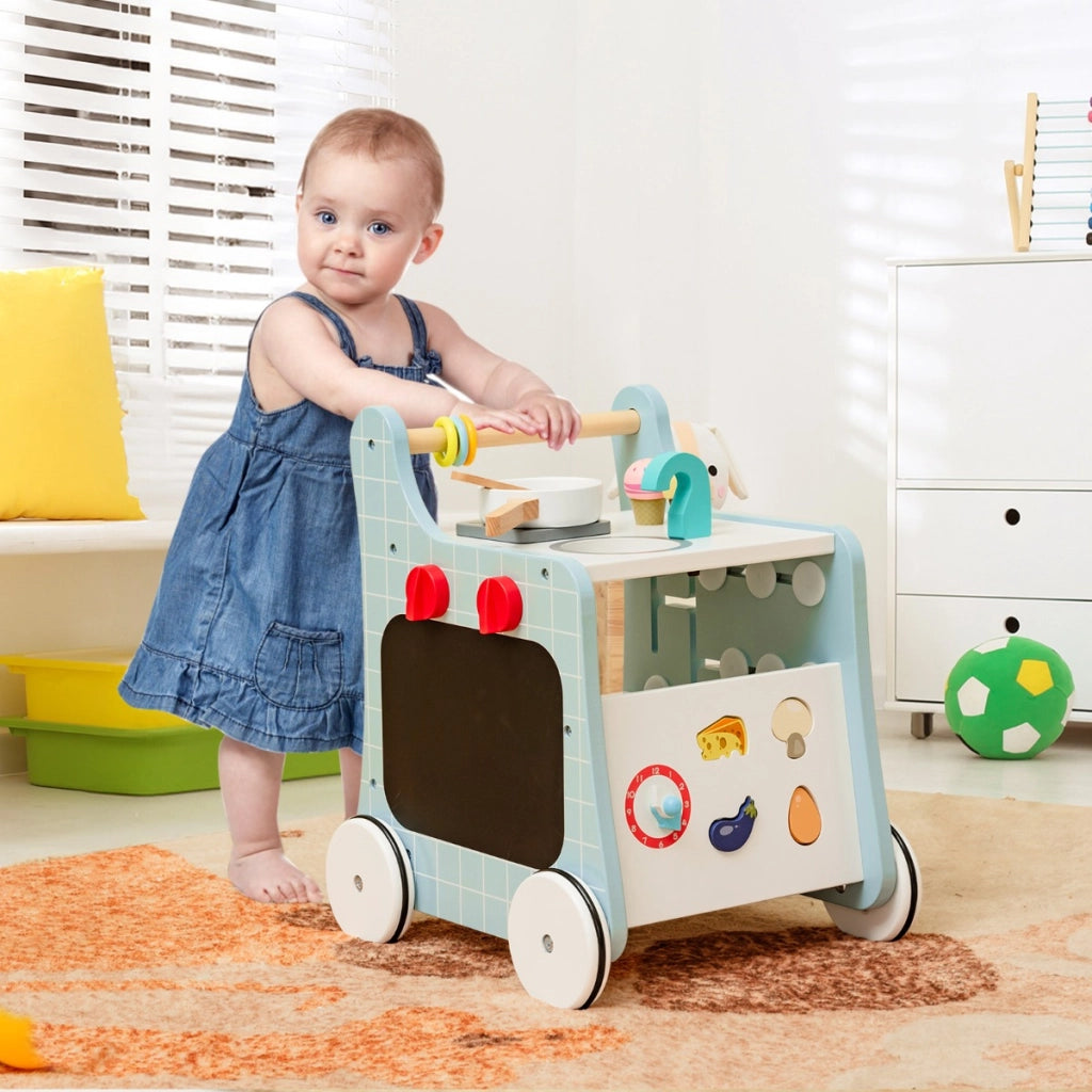 Primi passi per bambini in legno 6 in 1, Carrellino primi passi per spingere e tirare con cucina giocattolo Blu-Primi passi