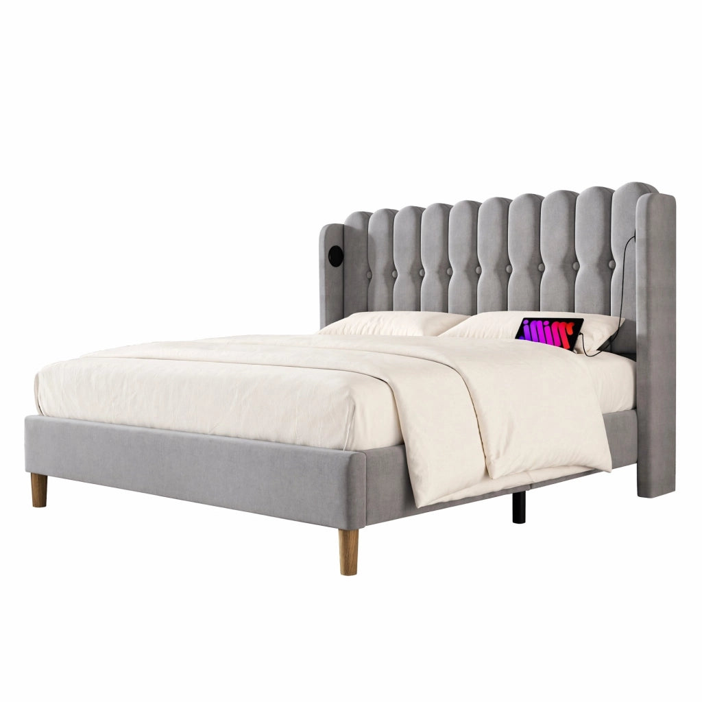 Letto imbottito matrimoniale 140x200 cm con ricarica USB e Tipo C, testiera in tessuto grigio, struttura con rete a doghe