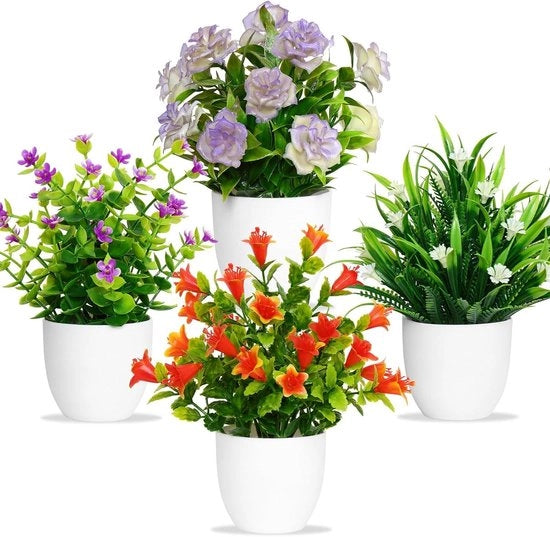 Piante artificiali con vaso - Piantine verde - Decorazione per interni - Senza manutenzione - 4 pezzi 20 cm - Bianco