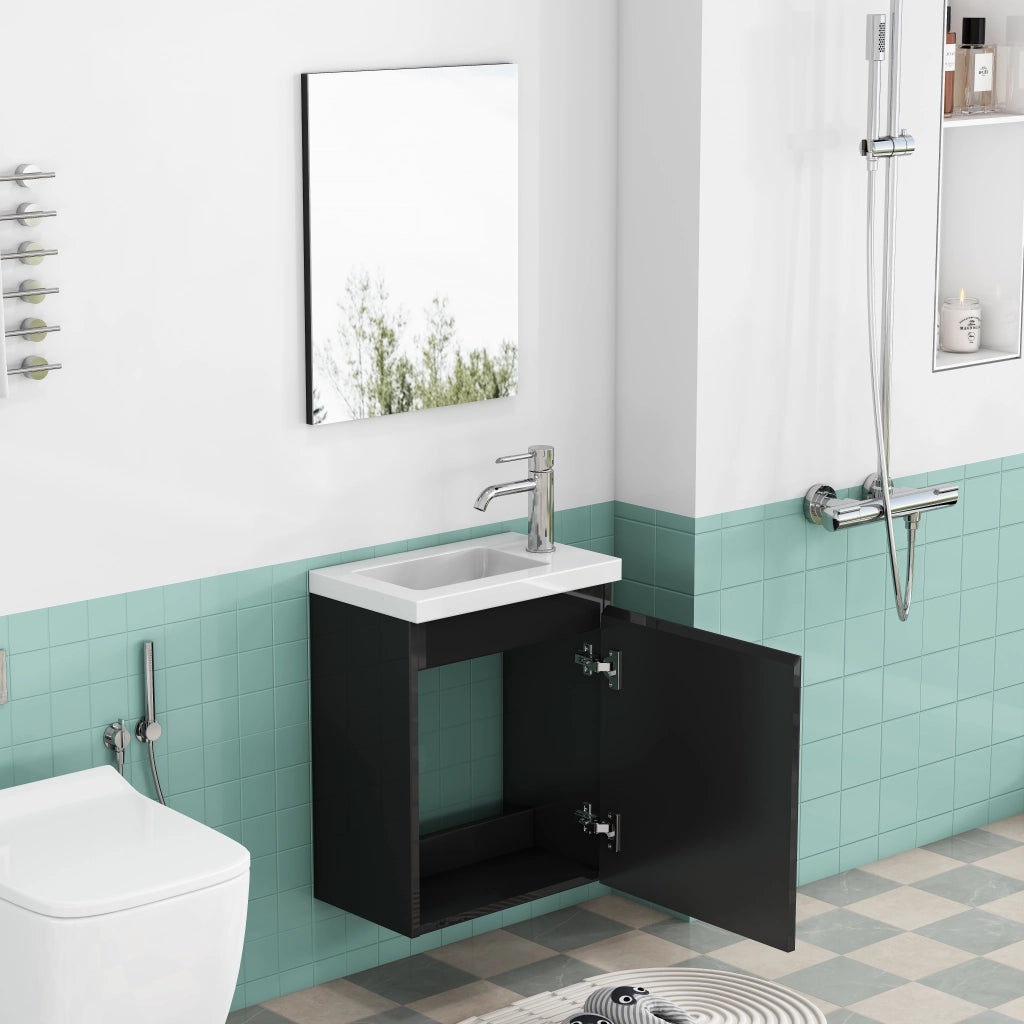 Mobiletto da bagno nero lucido da 40 cm, mobiletto a parete con lavabo in ceramica e specchio, design senza maniglie, cerniere con chiusura