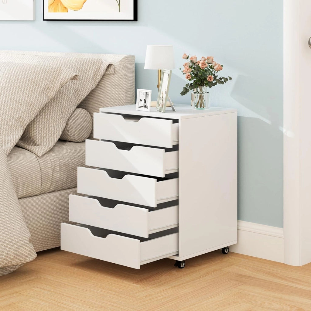 Cassettiera da Ufficio con 5 Cassetti e Ruote, Mobiletto Multiuso per Documenti e Cosmetici, Comodino con Ruote per Camera da letto, Studio, Ufficio e Soggiorno (Bianco)
