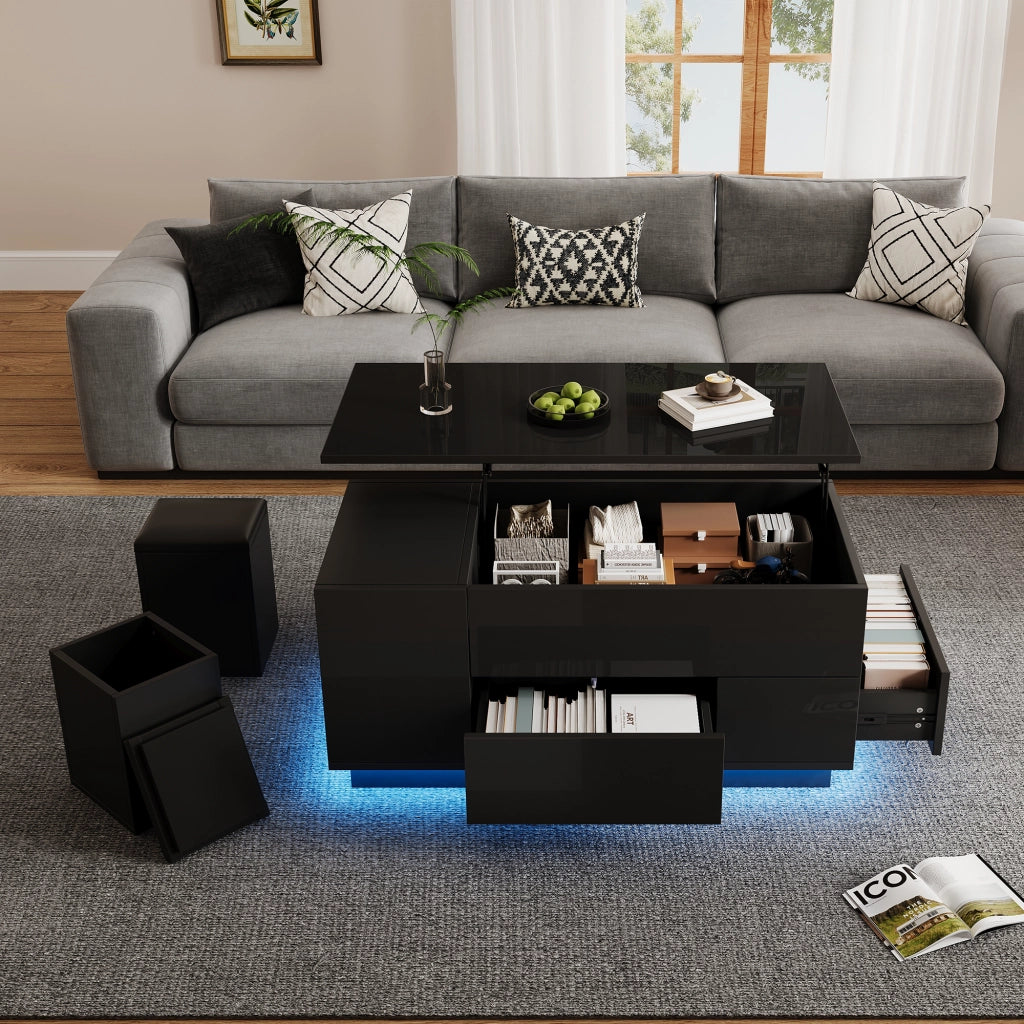 OKWISH Tavolino da Salotto Alzabile con 2 Cassetti, LED e 2 Sgabelli Contenitore, per Soggiorno, 100 x 50 x 45 cm