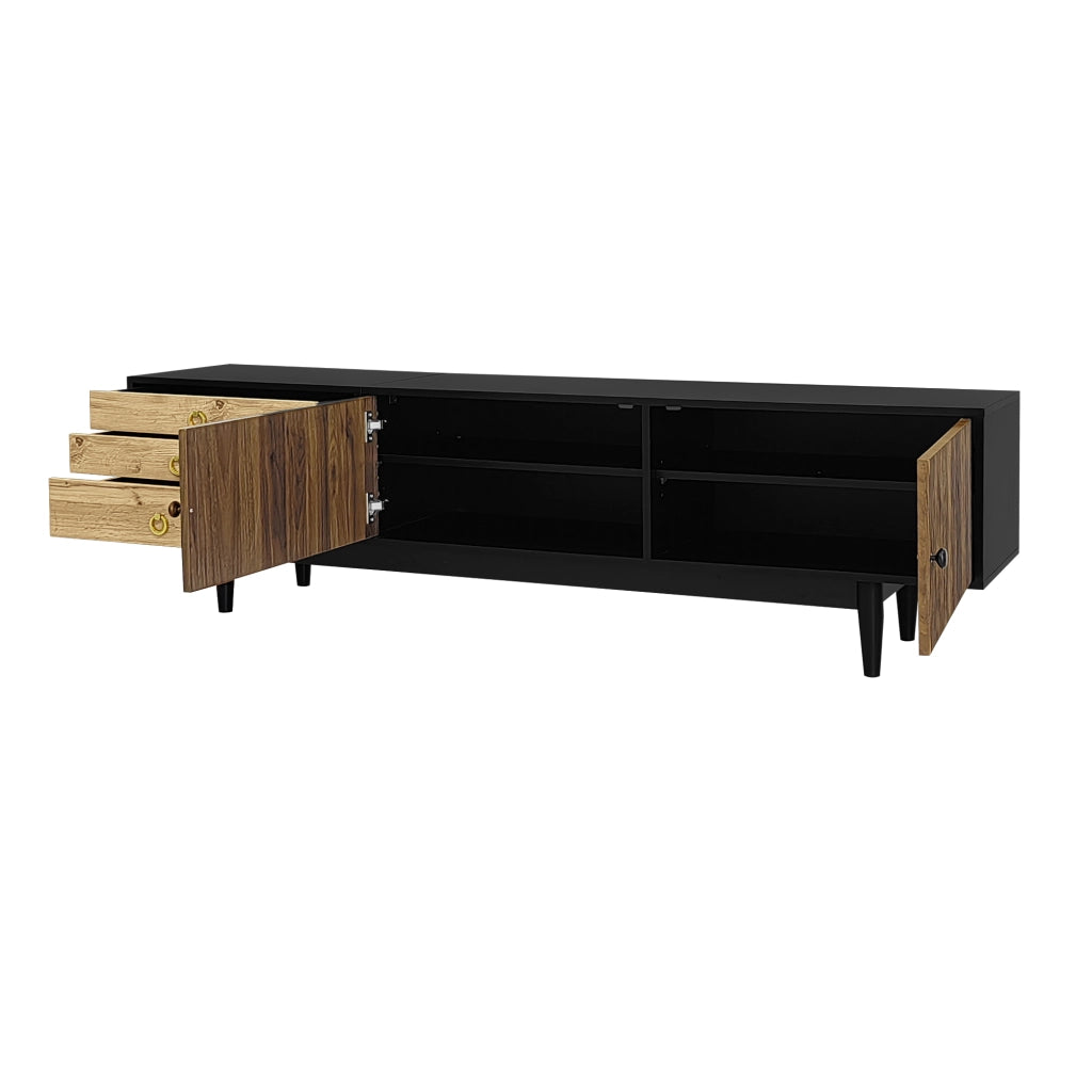 Mobile TV con 2 Ante e 3 Cassetti; Frontali a Motivo Onde; Piedi in Legno Massello; 180??38??50 cm; Nero + Naturale
