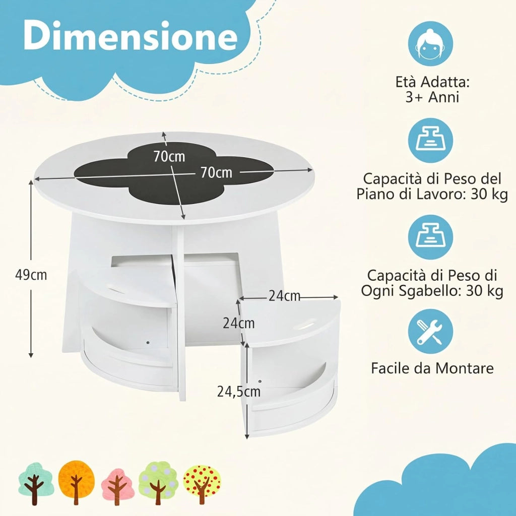 2 in 1 Set Tavolo Rotondo e 4 Sedie per Bambini 3+ Anni (Bianco) | Set Tavolo in Legno Salvaspazio e Sedie con Portaoggetti per Cameretta Ragazzi e Scuola