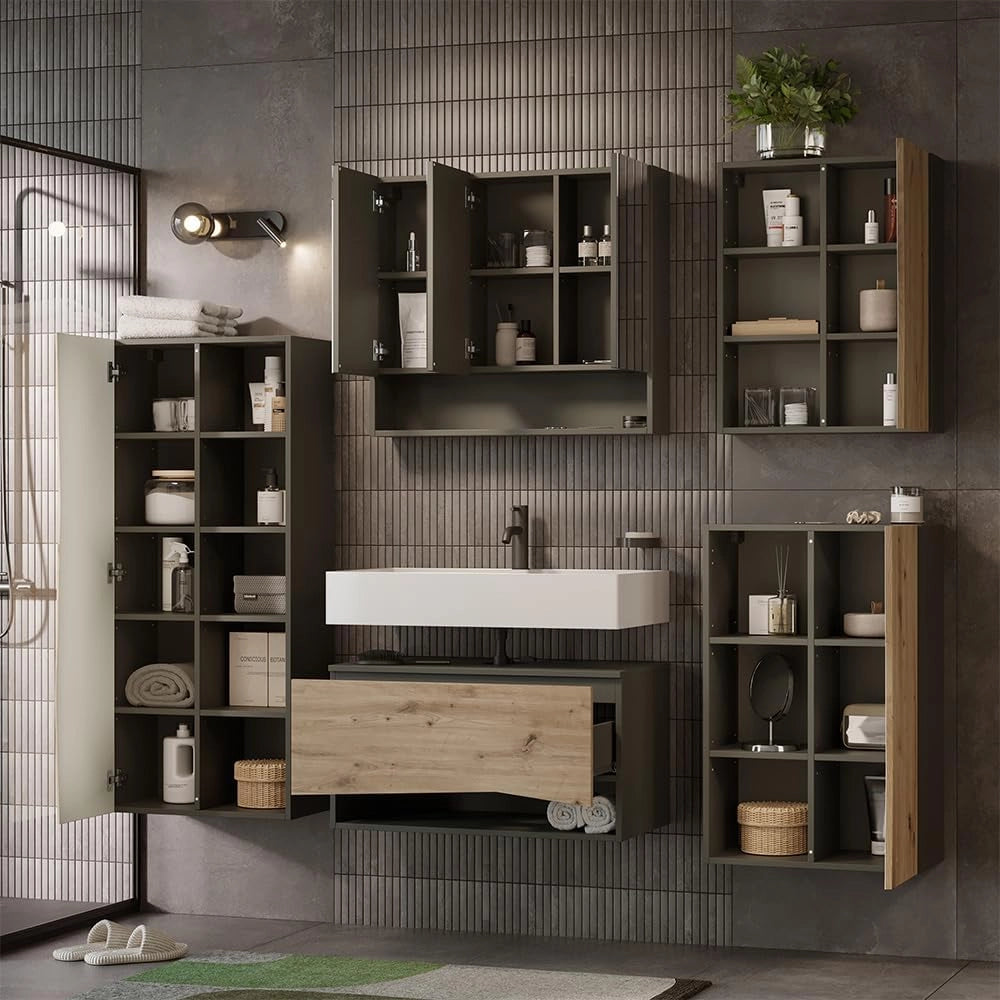 Set di mobili da bagno Willow, Artigiano, 80 cm, composto da mobile sottolavabo, specchiera, colonna, base media e pensile