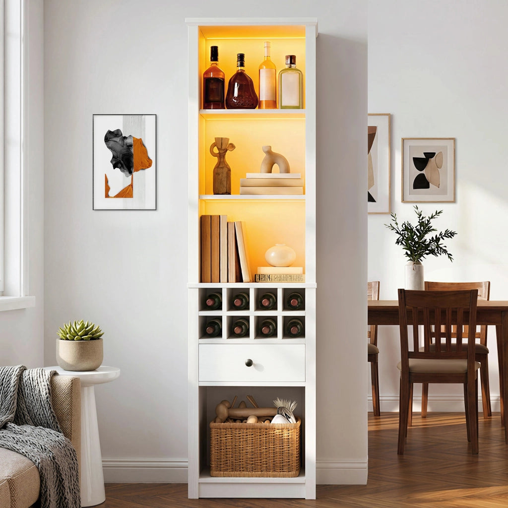 Credenza alta con 1 cassetto; 12 vani e LED - per soggiorno - in MDF - 55×40×200 cm
