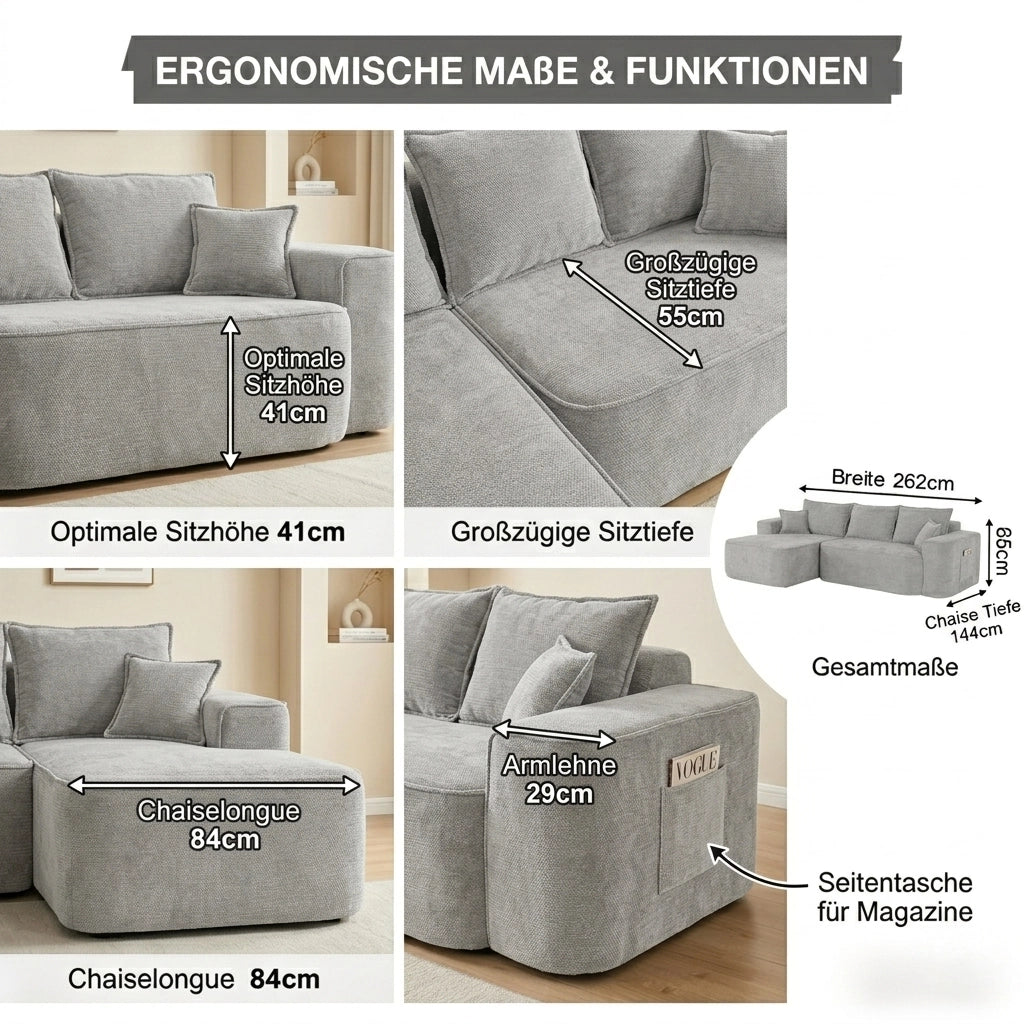 Divano angolare modulare con chaise longue, senza montaggio, tasche laterali, in Ciniglia Grigio 262 × 144 × 65 cm