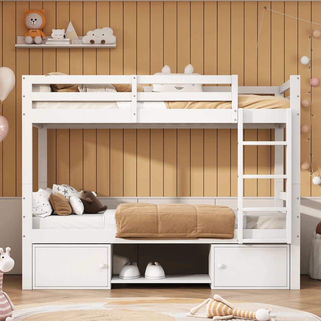 Letto a Castello 90x200 cm - con Scaffale; Armadio; in Legno Massello e MDF - Bianco