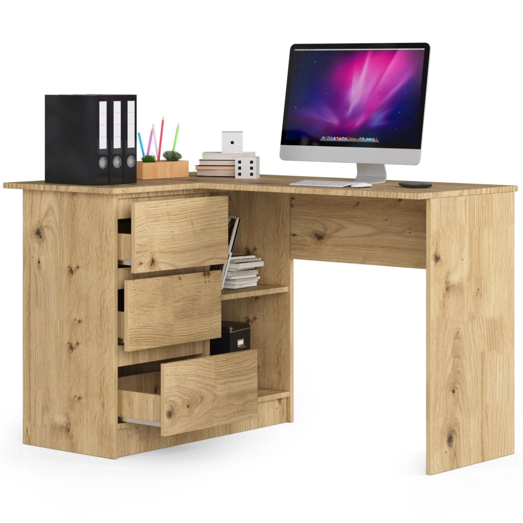 Scrivania angolare AKORD B16 Quercia Artisan 124 cm 3 cassetti 124x85x77 cm Modello a sinistra