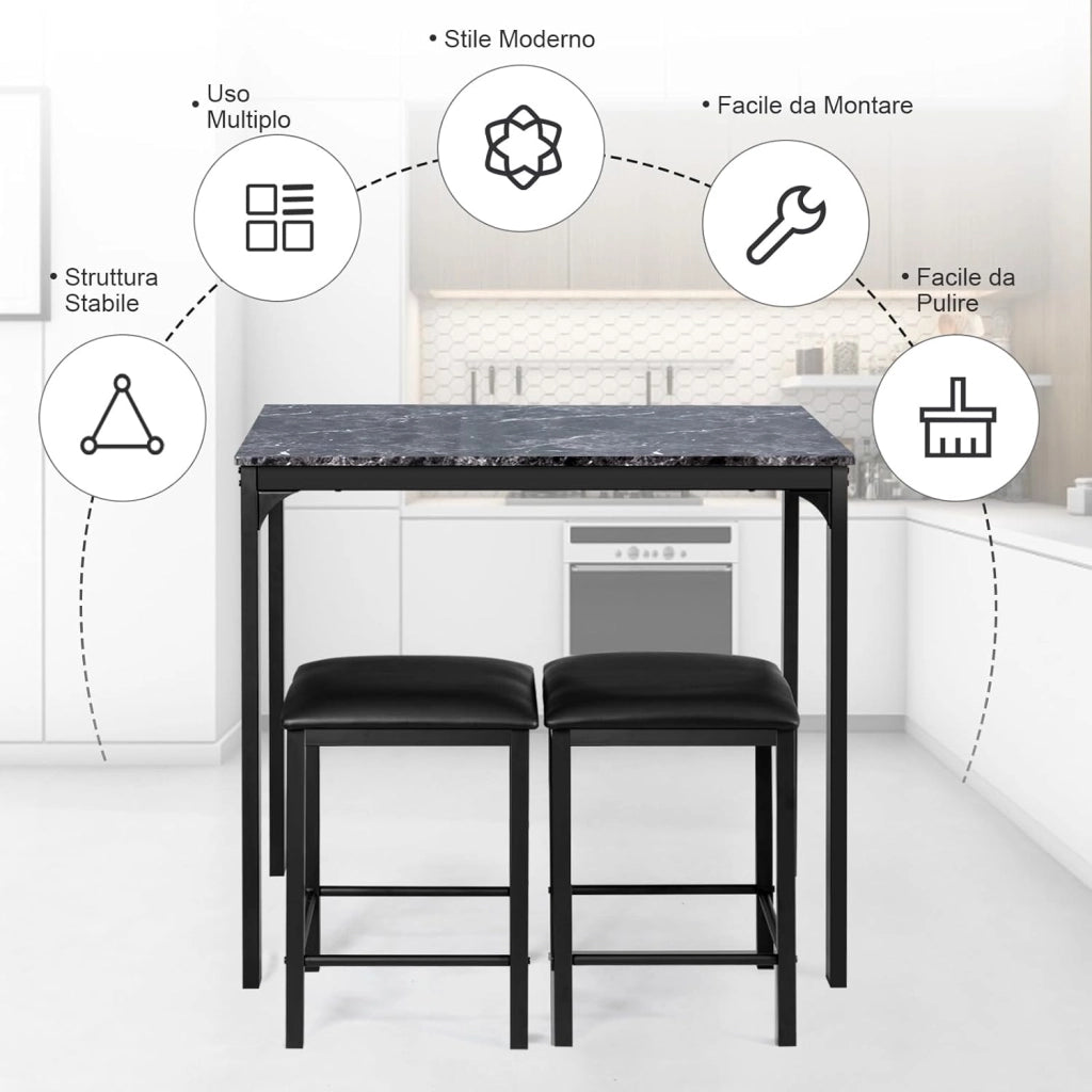 Tavolo Cucina con 2 Sgabelli, Tavolo Alto con 2 Sgabelli Senza Schienale in Similpelle da Cucina, Sala da Pranzo e Soggiorno, Tavolo Bar con Sgabelli Moderno per Spazi Piccoli (Nero)