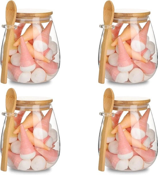 Contenitori di vetro con coperchi in bambù e cucchiaio - 1000 ml contenitori di conservazione alimentare - coperchio ermetico - contenitori per overnight oats - set per farina di pasta, cereali, riso, zucchero, tè, caffè e fagioli di caffè