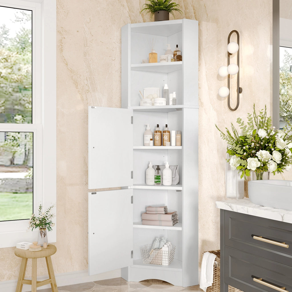 Mobile bagno angolare triangolare in MDF con finitura laccata, 2 ante, 2 ripiani aperti e divisori regolabili, bianco