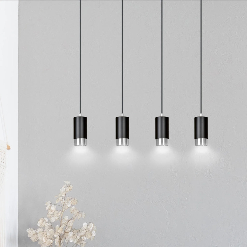 Lampadario 4 Luci Ivar Con Cilindri In Acciaio Nero E Cromo