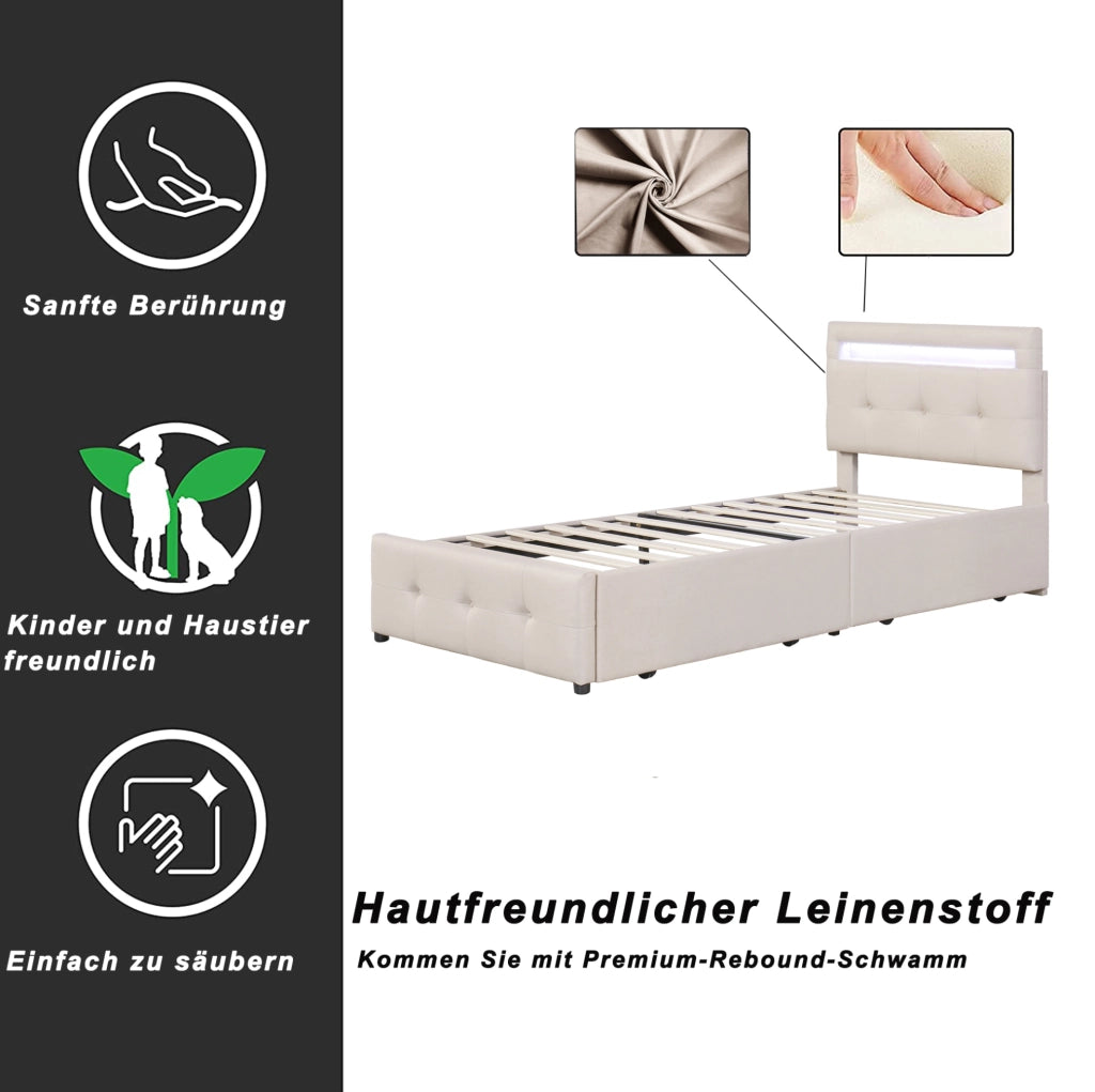Letto imbottito matrimoniale 90x200 cm con LED e 2 cassetti; beige