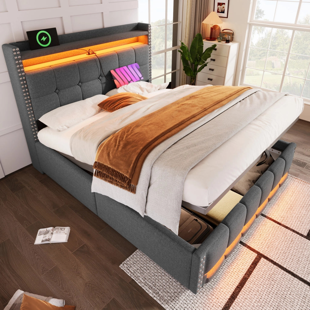 OKWISH Letto Contenitore 140×200 cm, Letto Matrimoniale con LED Regolabile, USB, Mensole e Vano Portaoggetti, senza Materasso, Grigio