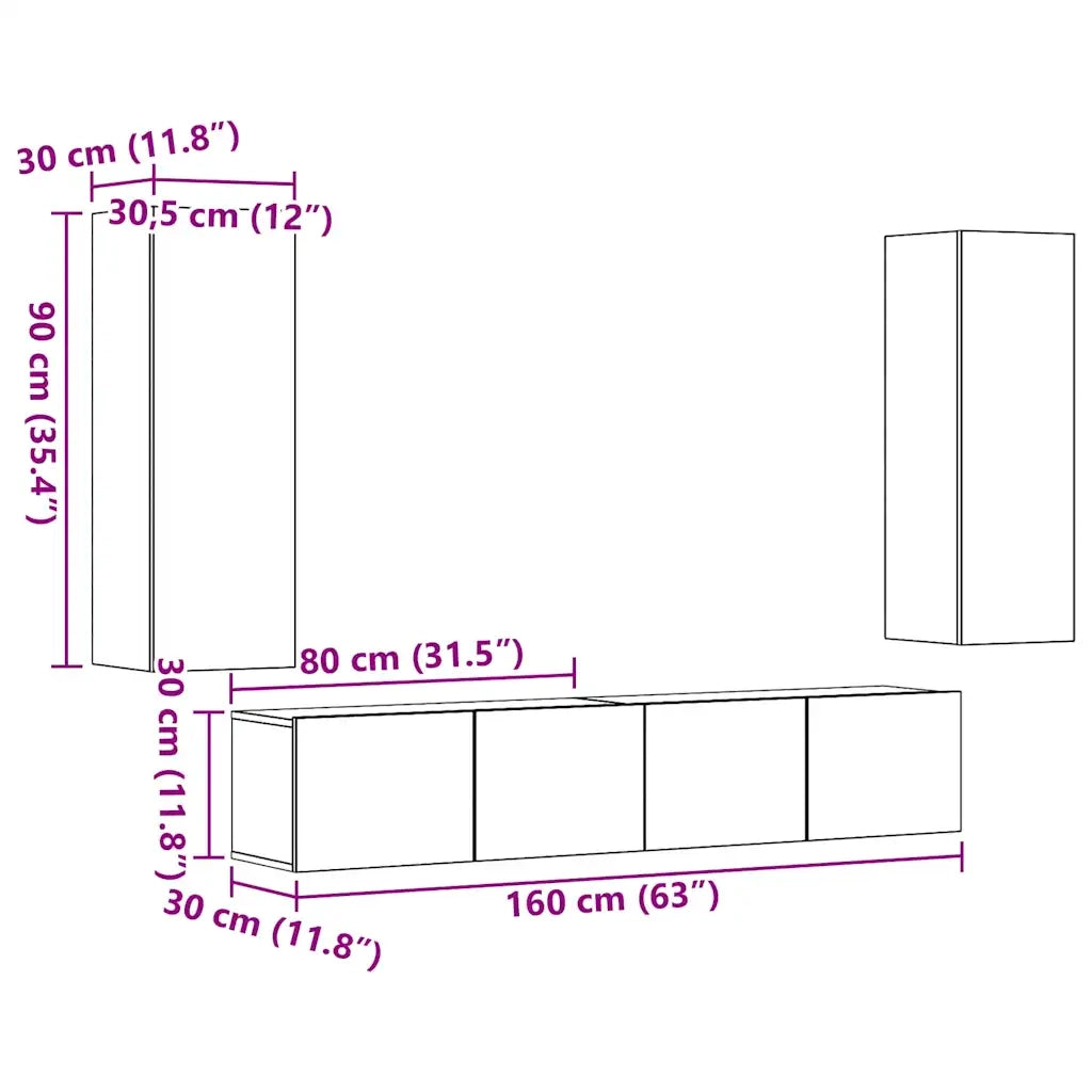 vidaXL Mobili TV a Parete 4 pz Legno Antico in Legno Multistrato