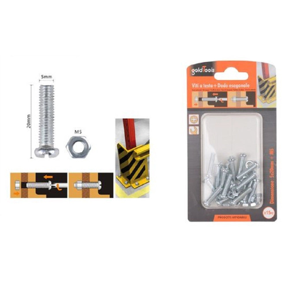 Trade Shop - Set 15 Pz Viti Vite Testa A Croce Tonda 5x20 Mm Con Dadi Dado Esagonale M5 90968 -