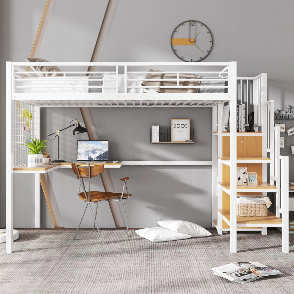 Letto a castello funzione scrivania e armadio in metallo e MDF bianco naturale 90x200 cm