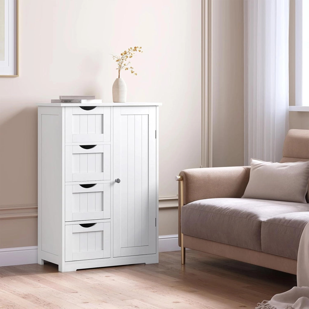 Mobile da Bagno Bianco Con 4 Cassetti e 2 Scomparti Regolabili, Portaoggetti per Camera da Letto/Corridoio/Cucina, 56x30x81cm