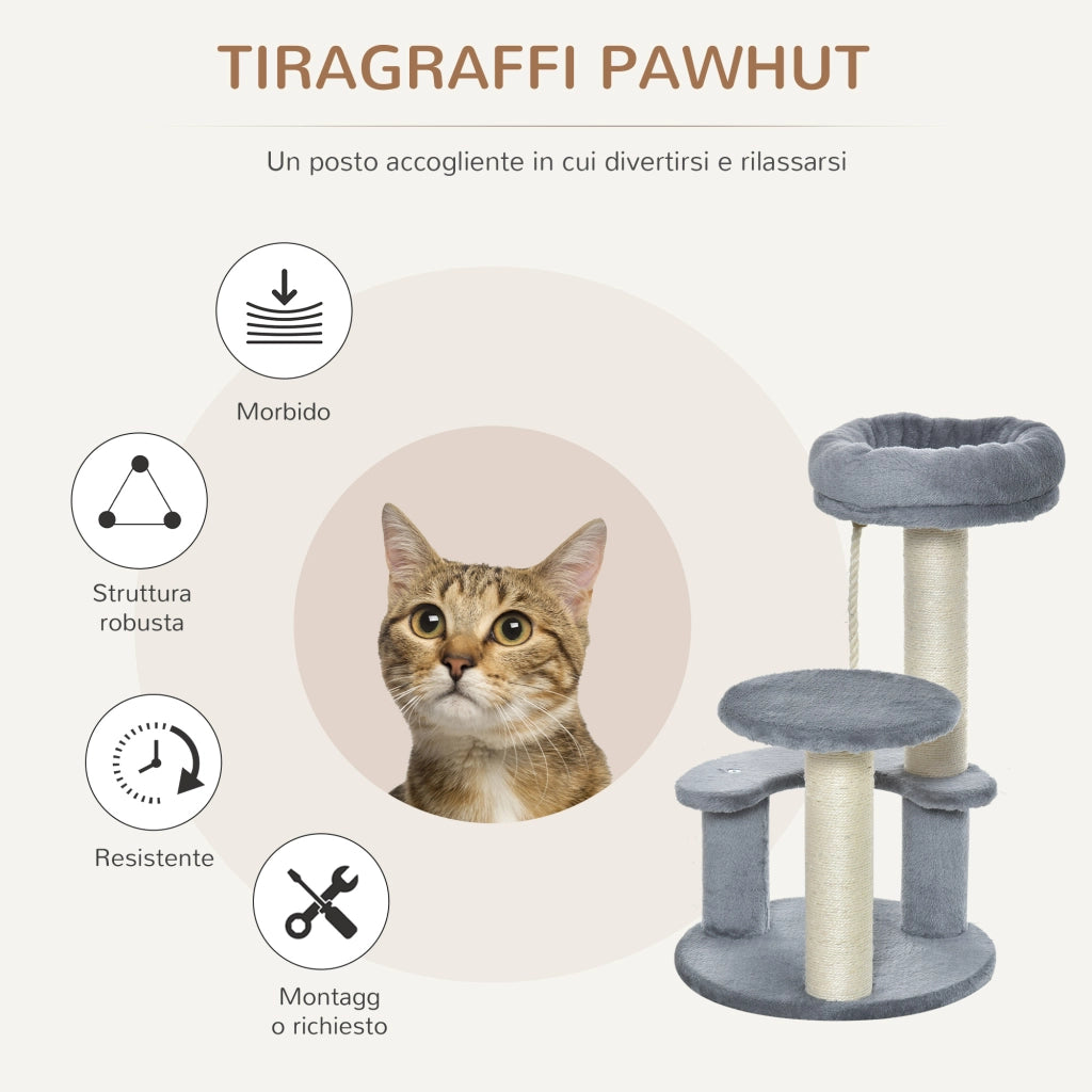 EasyComfort Albero Tiragraffi per Gatti a 3 Livelli con Piattaforme, Lettino e Pali in Sisal, Torre per Gatti con Rivestimento in Peluche, Ø40x65 cm, Grigio