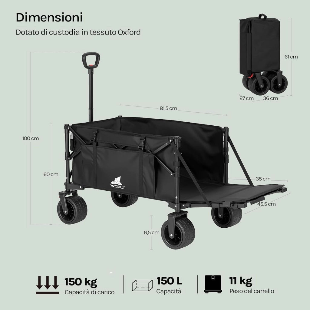 Carrello da Giardino con Ripiano Posteriore Ribaltabile, 205 L, Portata 180 kg, Carrello Pieghevole con 4 Ruote Grandi, Borsa Laterale, 2 Tasche Interne e 2 Portabicchieri, per Campeggio, Nero