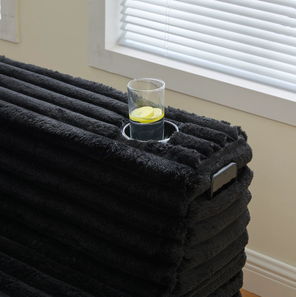 Divano modulare a U in tessuto corduroy nero 320 x 155 x 88 cm con portabicchieri