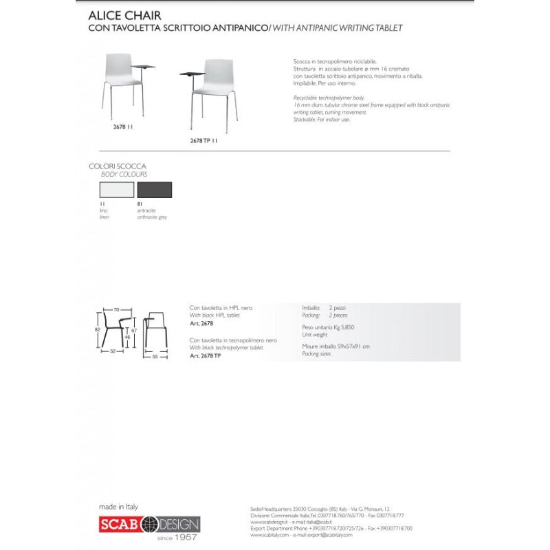 SET 2 SEDIA ALICE con tavoletta scrittoio antipanico MADE IN ITALY SCAB DESIGN - Antracite 81