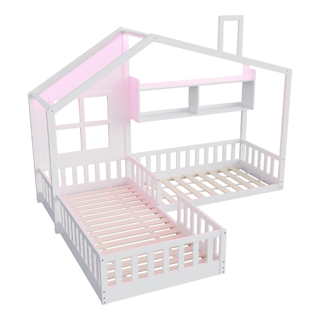 Letto per bambini a forma di casetta 90x200 cm con LED, scaffali e spondine di sicurezza, bianco