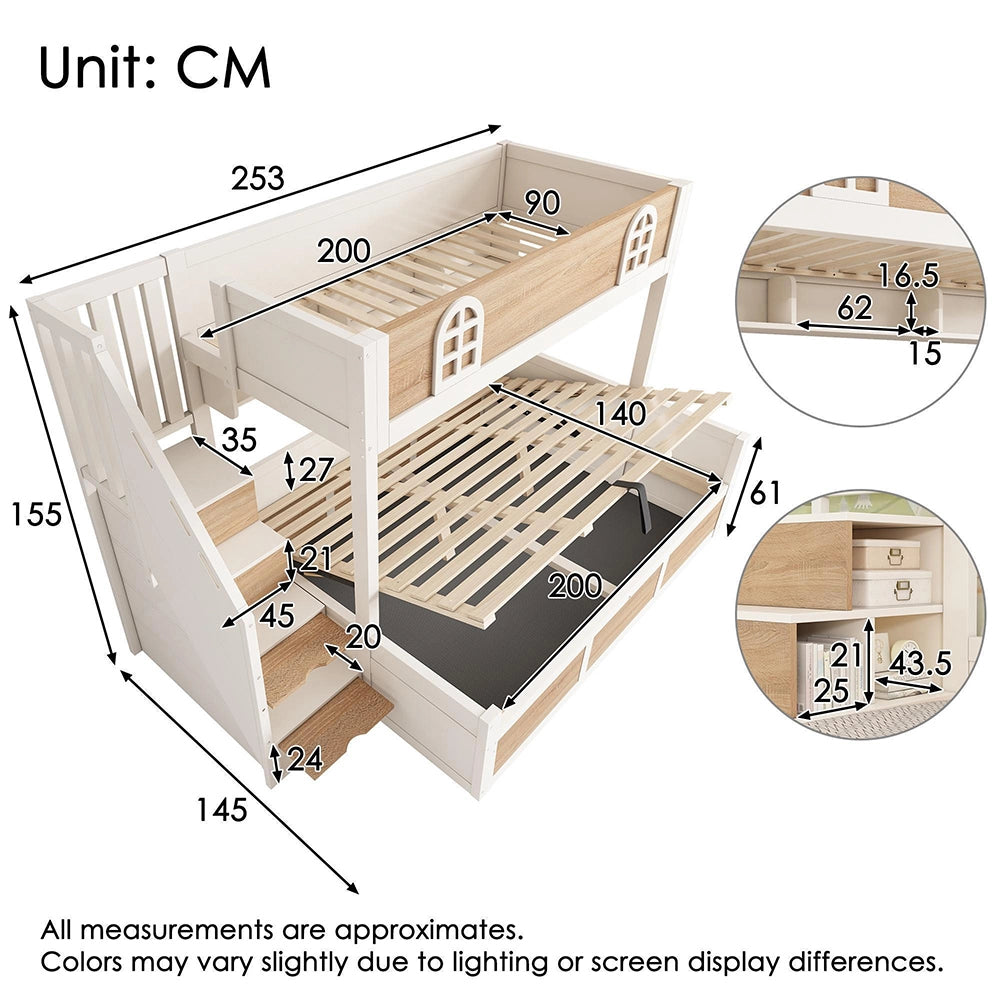 Letto a castello per bambini con spazio di archiviazione - Xylo - 90x200 e 140x200 cm, bianco naturale, sicuro